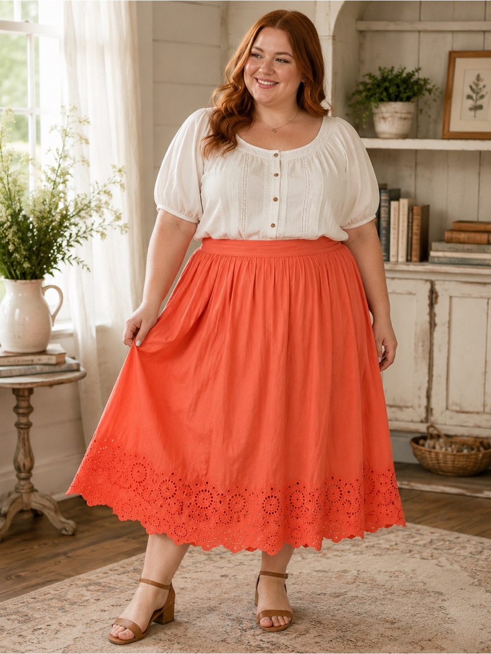 Lane Bryant Coral Eyelet Hem Midi Skirt 14/16